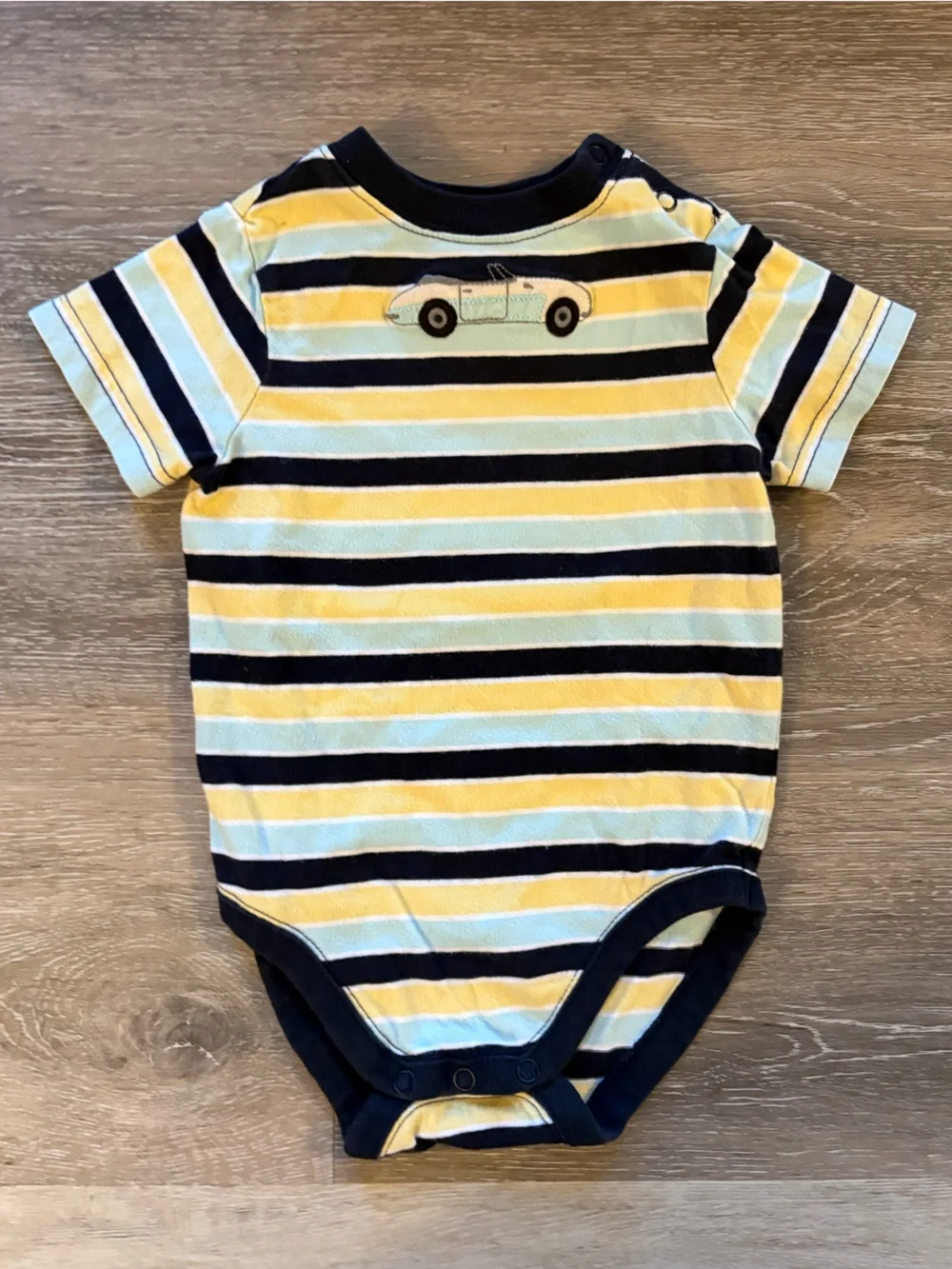 Janie and Jack VINTAGE Yellow, Navy & White StripED Onesie with Car Applique